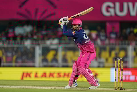 Rajasthan Royals' Vaibhav Sooryavanshi hits a six during the Indian Premier League cricket match between Mumbai Indians and Rajasthan Royals in Guwahati.