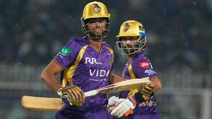 (AP Photo/Bikas Das) : Kolkata Knight Riders' captain Ajinkya Rahane, right, and Akash Deep run between the wickets to score during the Indian Premier League cricket match between Kolkata Knight Riders and Punjab Kings in Kolkata , India, Monday, April 6, 2026