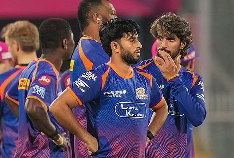 Mumbai Indians' players during a training session ahead of an Indian Premier League (IPL) 2026 T20 cricket match between Mumbai Indians and Rajasthan Royals, in Guwahati.