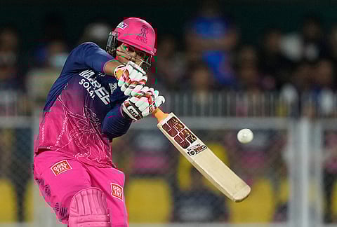 Rajasthan Royals' Vaibhav Sooryavanshi hits a six during the Indian Premier League cricket match between Mumbai Indians and Rajasthan Royals in Guwahati.