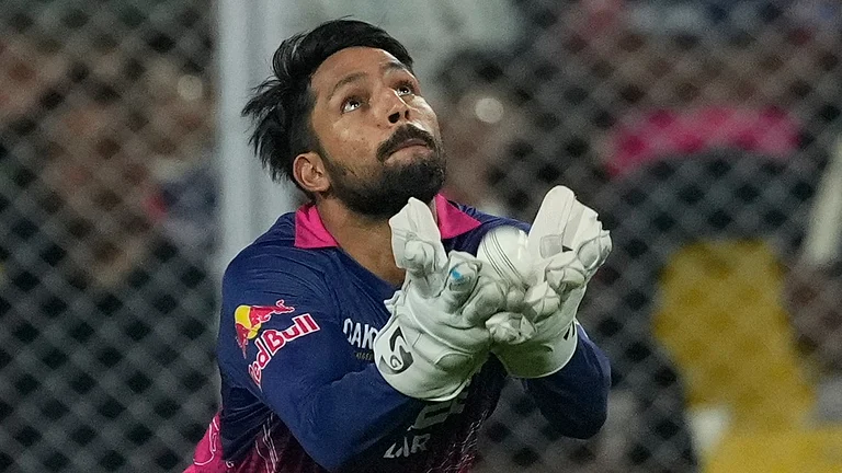Rajasthan Royals' Dhruv Jurel takes the catch to dismiss Mumbai Indians' Ryan Rickelton during the Indian Premier League cricket match between Mumbai Indians and Rajasthan Royals in Guwahati, India, Tuesday, April 7, 2026. - AP Photo