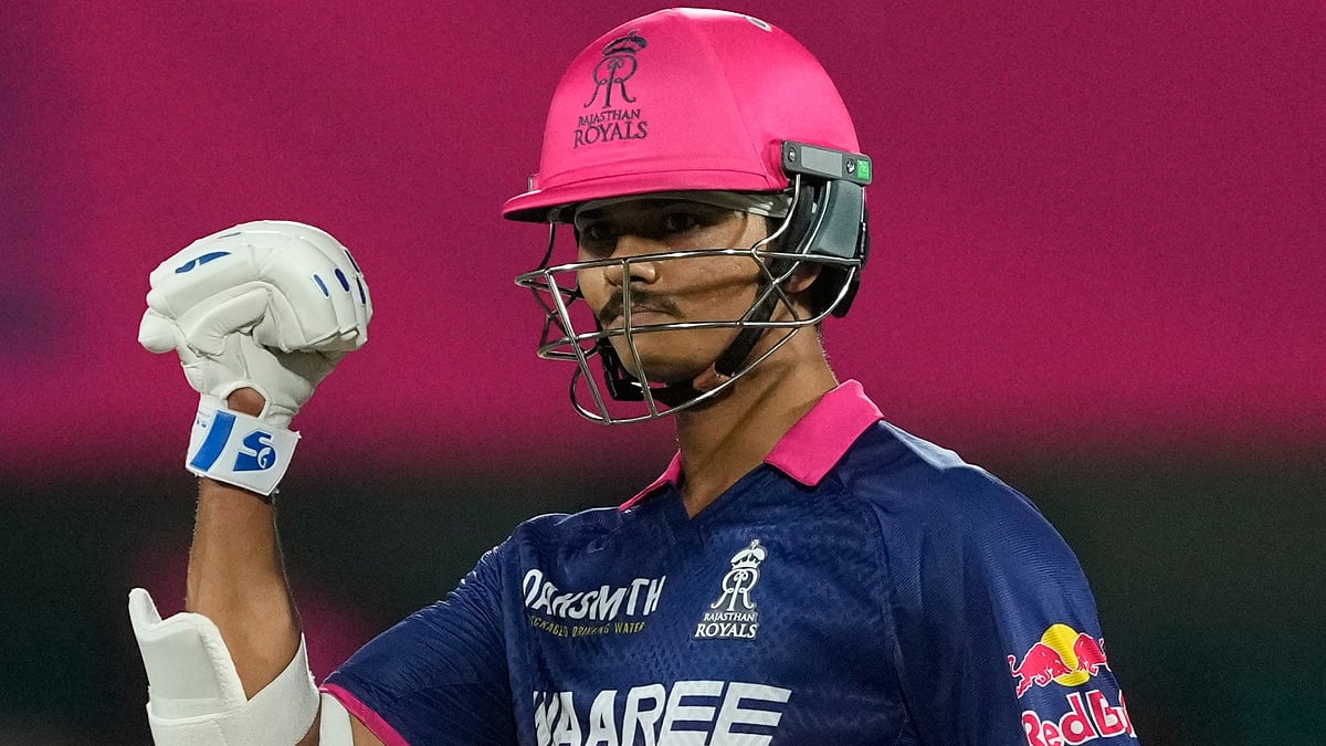 Rajasthan Royals' Yashasvi Jaiswal celebrates his fifty runs during the Indian Premier League cricket match between Mumbai Indians and Rajasthan Royals in Guwahati, India, Tuesday, April 7, 2026.  - AP Photo