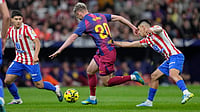 Barcelona Vs Atletico Madrid Preview, UEFA Champions League: H2H, Lineups, Live Streaming – All You Need To Know | Photo: AP/Bernat Armangue : Barcelona's Dani Olmo, center, defends the ball, from Atletico Madrid's Thiago Almada during a La Liga soccer match between Atletico Madrid and Barcelona in Madrid, Spain, Saturday, April 4, 2026.