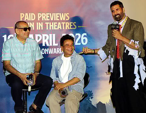 Bollywood actors Paresh Rawal, Rajpal Yadav and Akshay Kumar during trailer launch for their upcoming film 'Bhooth Bangla', in Mumbai, Maharashtra.
