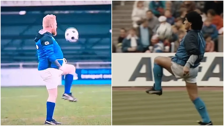 ESPN Netherlands took inspiration for their promo (left) from Diego Maradona's legendarry 1989 UEFA Cup semi-final (right). - | Photo: Screenshot