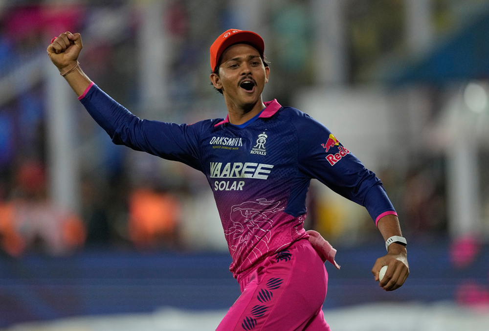 Rajasthan Royals' Yashasvi Jaiswal celebrates after takes the catch to dismiss Mumbai Indians' captain Hardik Pandya during the Indian Premier League cricket match between Mumbai Indians and Rajasthan Royals in Guwahati.