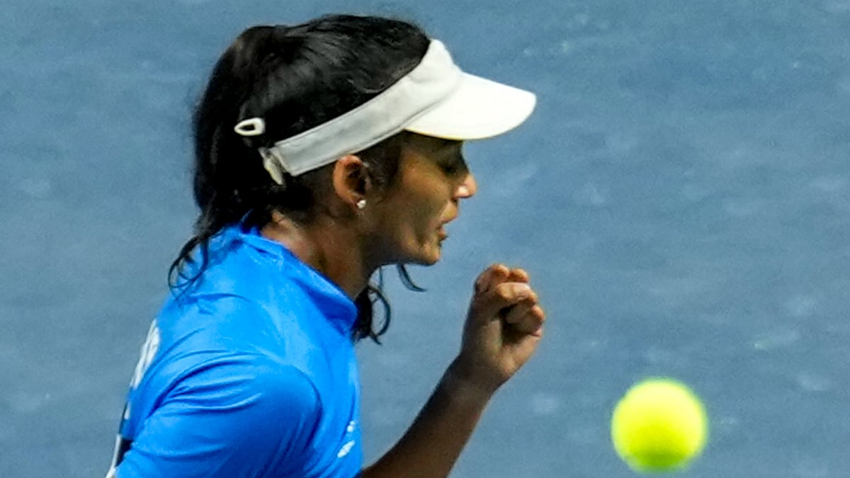 India's Sahaja Yamalapalli reacts during her match against Thailand's Patcharin Cheapchandej in the Billie Jean King Cup Asia/Oceania Group I tournament, at DLTA Stadium in New Delhi. - PTI
