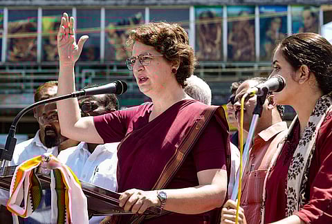 Congress General Secretary and Wayanad MP Priyanka Gandhi addresses a corner meeting ahead of Kerala Assembly Election, at Padinjarathara, in Wayanad district. 