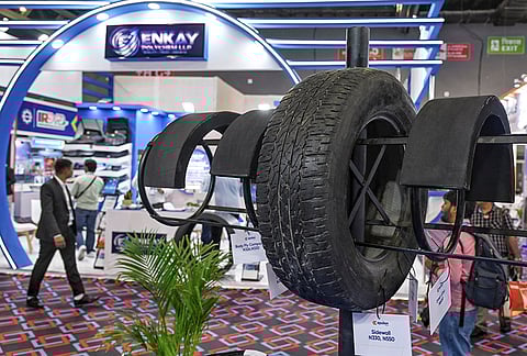 People visit stalls after the inauguration of the 12th edition of India Rubber Expo (IRE) 2026 at Bharat Mandapam, in New Delhi.