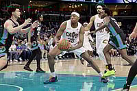 | Photo: AP/Brandon Dill : Cleveland Cavaliers forward Nae'qwan Tomlin (35) handles the ball between Memphis Grizzlies guard Walter Clayton Jr., left, and forward Toby Okani (5) in the first half of an NBA basketball game in Memphis, Tenn.