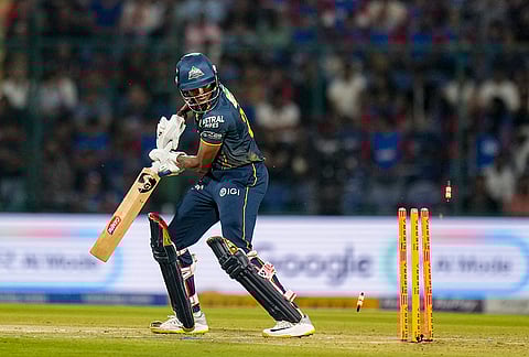 Gujarat Titans' Sai Sudharsan being bowled by Delhi Capitals' Mukesh Kumar during an Indian Premier League (IPL) 2026 T20 cricket match between Delhi Capitals and Gujarat Titans, at Arun Jaitley Stadium, in New Delhi.