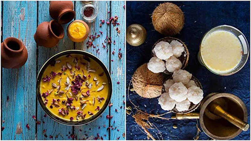 Traditional Indian desserts: mango phirni and coconut laddoos