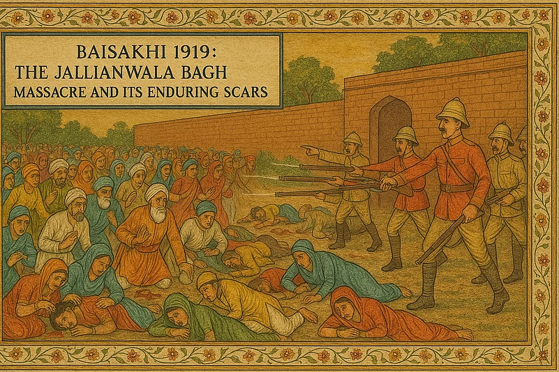 Illustration of the 1919 Jallianwala Bagh massacre with British soldiers firing