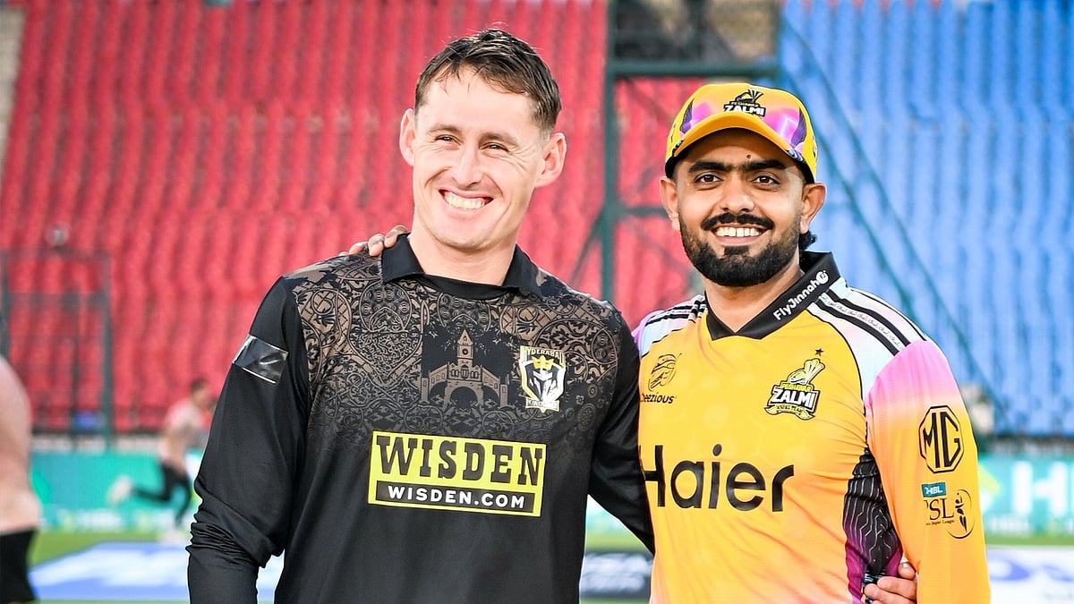 Marnus Labuschagne and Babar Azam at the toss ahead of Hyderabad Kingsmen Vs Peshawar Zalmi PSL 2026 match at Karachi.  - HHKingsmen/X