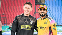 HHKingsmen/X : Marnus Labuschagne and Babar Azam at the toss ahead of Hyderabad Kingsmen Vs Peshawar Zalmi PSL 2026 match at Karachi. 