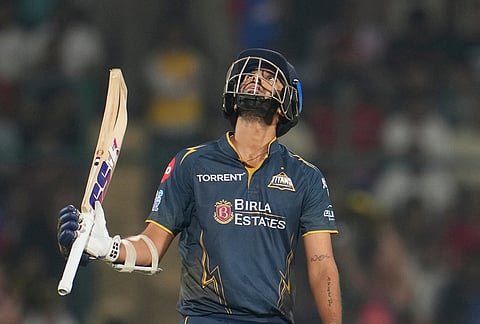 Gujarat Titans' Washington Sundar celebrates his fifty runs during the Indian Premier League cricket match between Delhi Capitals and Gujarat Titans in New Delhi.