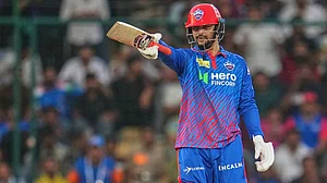 | Photo: AP/Manish Swarup : Delhi Capitals' Sameer Rizvi celebrates his fifty runs during the Indian Premier League match between Delhi Capitals and Mumbai Indians in New Delhi.