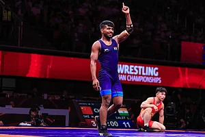 | Photo: United World Wrestling : India's Lalit Sehrawat reached the 55kg final after beating Houying Shi of China 11-3.
