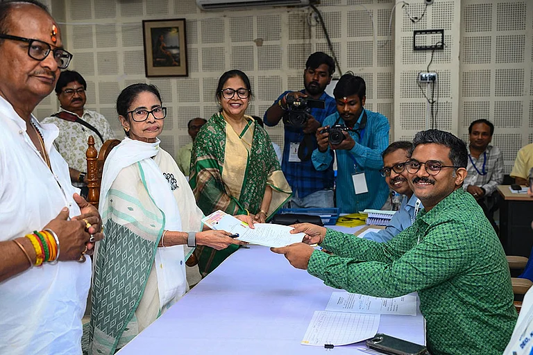 In this image posted on April 8, 2026, West Bengal Chief Minister and TMC candidate from Bhabanipur constituency, Mamata Banerjee, files her nomination in the state Assembly elections, in Kolkata. - | Photo: @AITCofficial/X via PTI