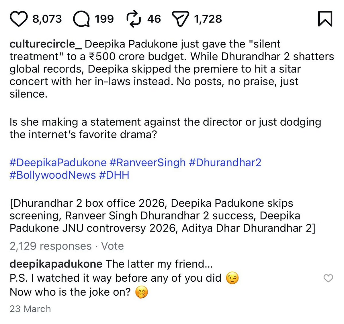 Deepika Padukone comment on trolls on Dhurandhar 2
