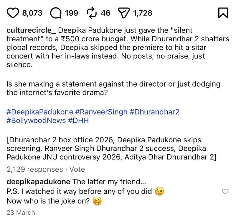 Deepika Padukone comment on trolls on Dhurandhar 2