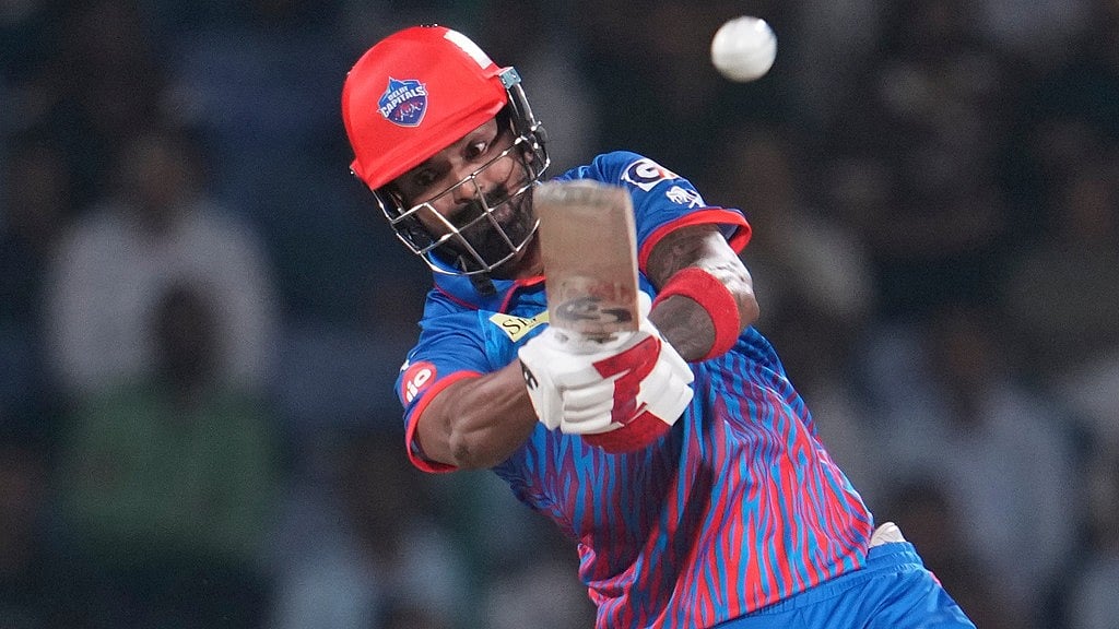 KL Rahul plays a shot during the Indian Premier League match between Delhi Capitals and Gujarat Titans in New Delhi. - AP/Manish Swarup