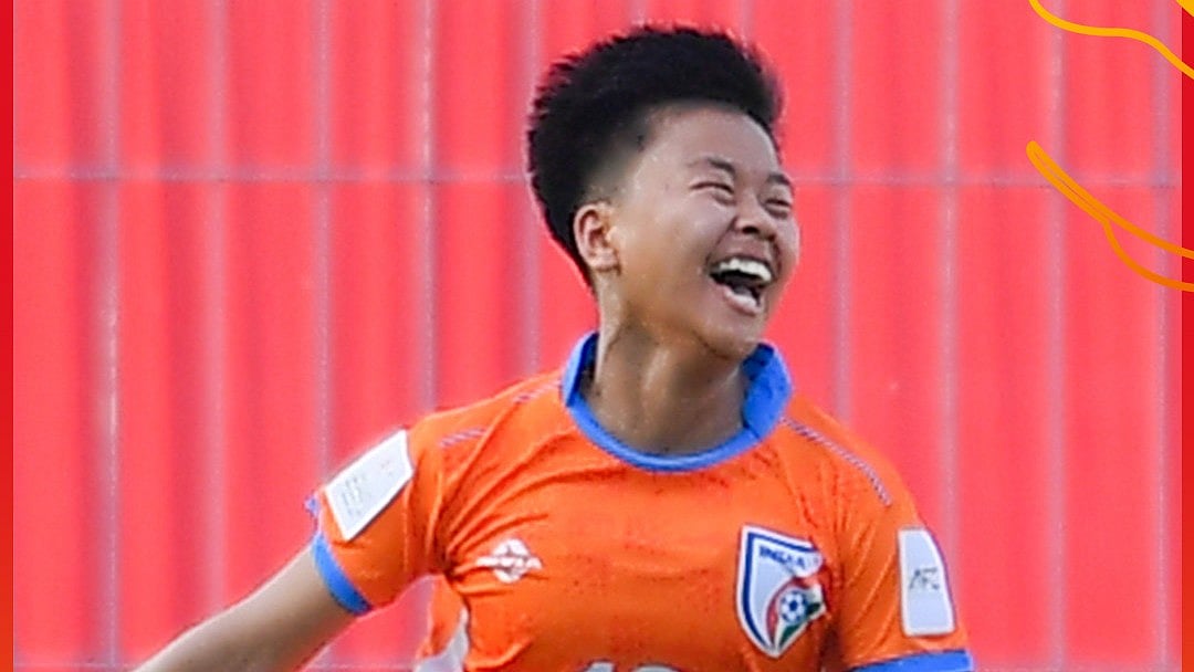 Indian footballers celebrating after scoring a goal against Chinese Taipei in AFC U20 Women's Asian Cip 2026. - TheAWCL/X