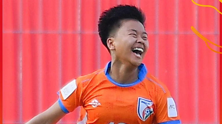 Indian footballers celebrating after scoring a goal against Chinese Taipei in AFC U20 Women's Asian Cip 2026. - TheAWCL/X