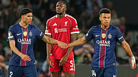 PSG Vs Liverpool LIVE Score, UEFA Champions League: Desire Doue Gives Defending Champs Lead Against Reds Aurelien Morissard/AP : Liverpool's Ibrahima Konate looks on as PSG's Desire Doue, right, is greeted by Achraf Hakimi after scoring his side's opening goal.