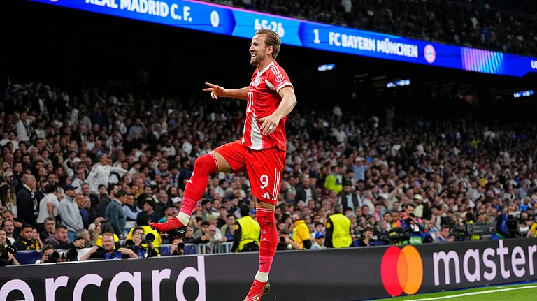 Harry Kane celebrates after scoring the winner against Real Madrid in UEFA Champions League 2025-26 first leg quarter-final at the Santiago Bernabeu in Madrid. - AP Photo