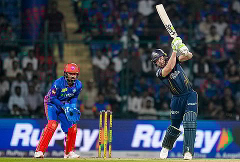 Gujarat Titans' Jos Buttler plays a shot during an Indian Premier League (IPL) 2026 T20 cricket match between Delhi Capitals and Gujarat Titans, at Arun Jaitley Stadium, in New Delhi.