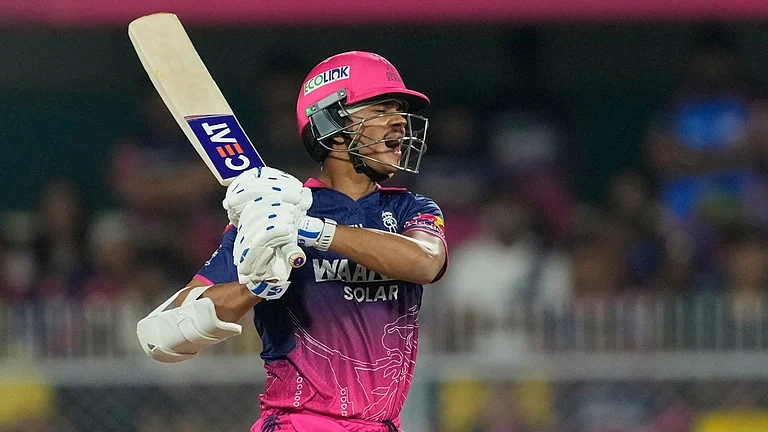Rajasthan Royals' Yashasvi Jaiswal plays a shot during their Indian Premier League match against Mumbai Indians in Guwahati. - AP