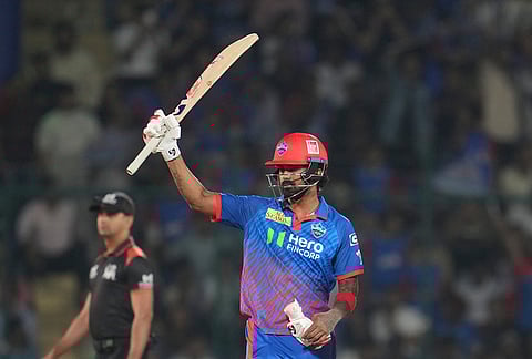 Delhi Capitals' KL Rahul celebrates his fifty runs during the Indian Premier League cricket match between Delhi Capitals and Gujarat Titans in New Delhi.