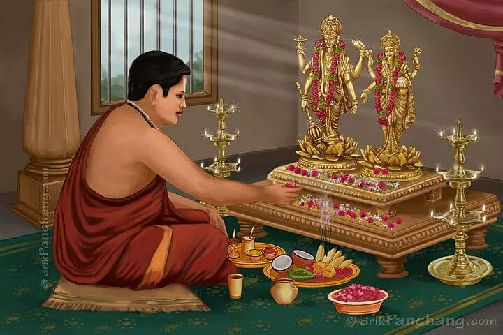 Priest worshipping Lakshmi and Vishnu idols for Akshaya Tritiya