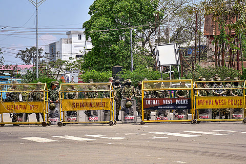 Security beefed up in the aftermath of violence that broke out following a bomb attack in Bishnupur on Tuesday, leaving two children dead, in Imphal, Manipur.