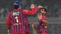 KKR Vs LSG LIVE Score, IPL 2026: Spinner Introduced; Rahane-Raghuvanshi Try To Accelerate | KKR 40/1 (5) Bikas Das : Prince Yadav and LSG cricketers celebrate after dismissing Finn Allen during KKR vs LSG IPL 2026 match at Eden Gardens.