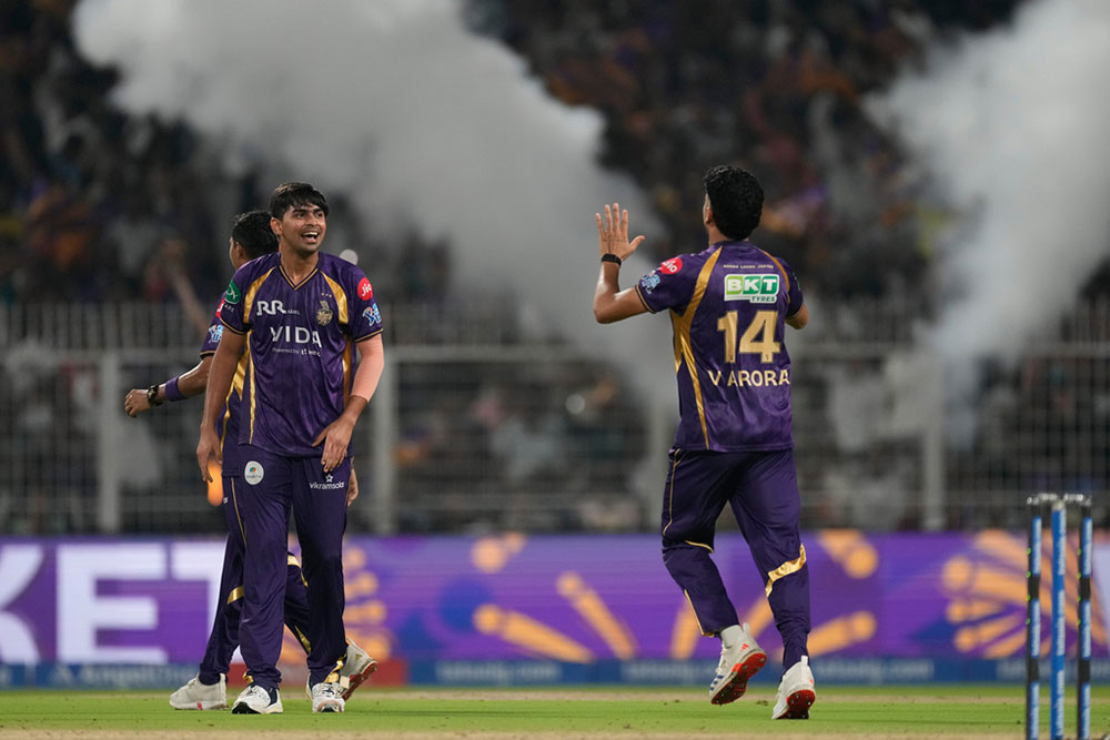 Kolkata Knight Riders' Kartik Tyagi, left, celebrates the wicket of Lucknow Super Giants' Nicholas Pooran during the Indian Premier League cricket match between Kolkata Knight Riders and Lucknow Super Giants in Kolkata, India.