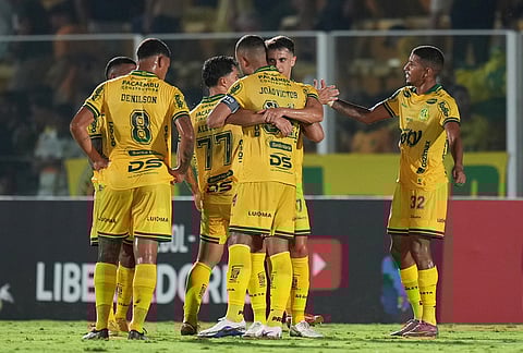 Brazil's Mirassol players celebrate winning 1-0 against Argentina's Lanus at the end of a Copa Libertadores Group G soccer match in Mirassol, Sao Paulo state.