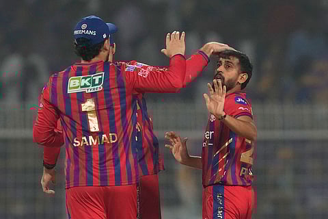 Lucknow Super Giants' Prince Yadav, right, celebrates the wicket of Kolkata Knight Riders' Finn Allen with teammates during the Indian Premier League cricket match between Kolkata Knight Riders and Lucknow Super Giants in Kolkata, India.