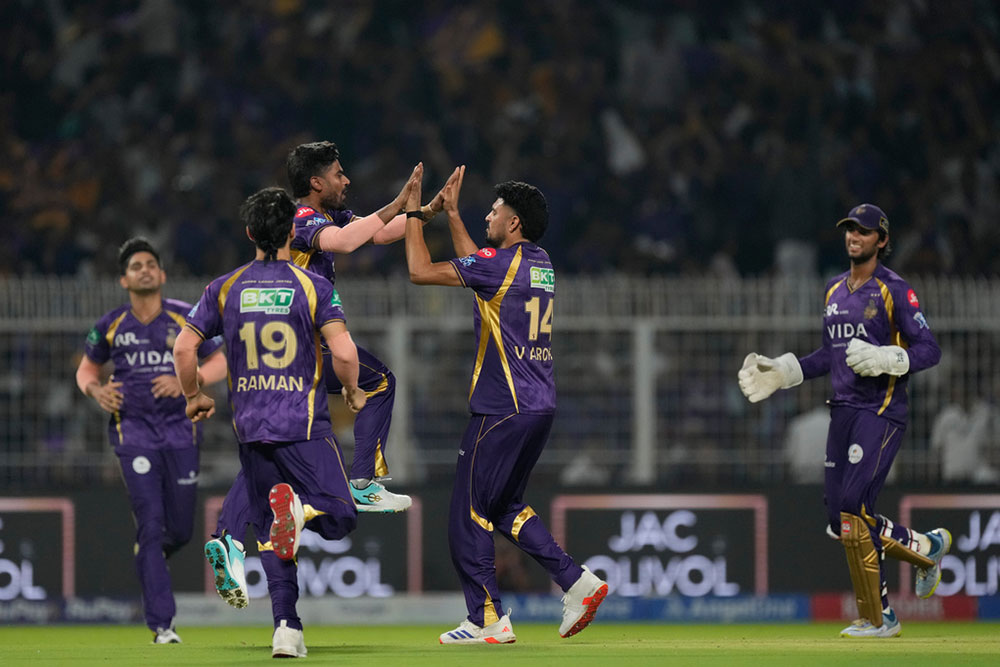 Kolkata Knight Riders' Vaibhav Arora celebrates the wicket of Lucknow Super Giants' Mitchell during the Indian Premier League cricket match between Kolkata Knight Riders and Lucknow Super Giants in Kolkata, India.