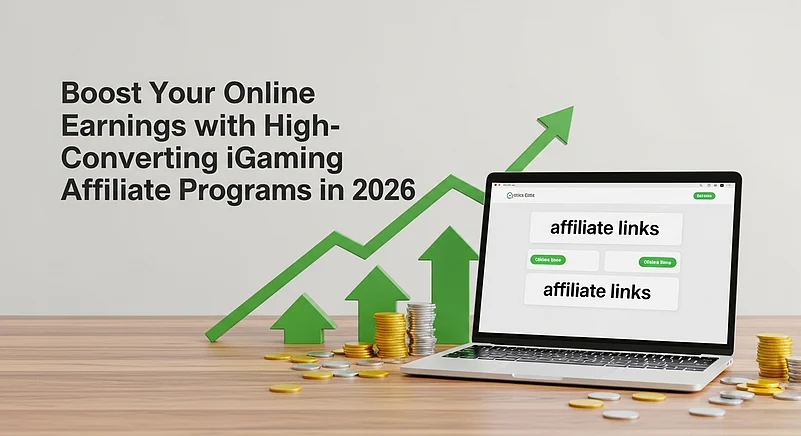 Laptop on desk with coins and growth arrows for 2026 iGaming affiliate programs