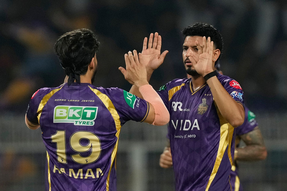 Kolkata Knight Riders' Vaibhav Arora celebrates the wicket of Lucknow Super Giants' Aiden Markram during the Indian Premier League cricket match between Kolkata Knight Riders and Lucknow Super Giants in Kolkata, India.