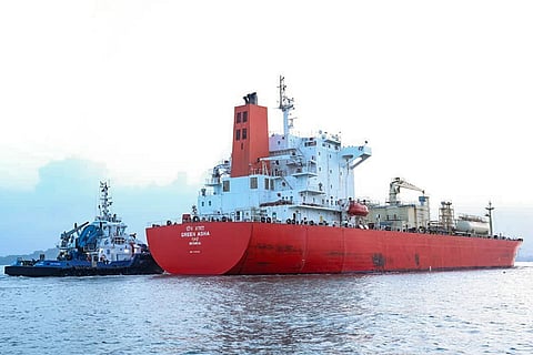 In this image posted on April 9, 2026, Green Asha, an India-flagged LPG vessel that has crossed the Strait of Hormuz, has moored at JNPA's liquid berth operated by BPCL-IOCL, in Maharashtra.