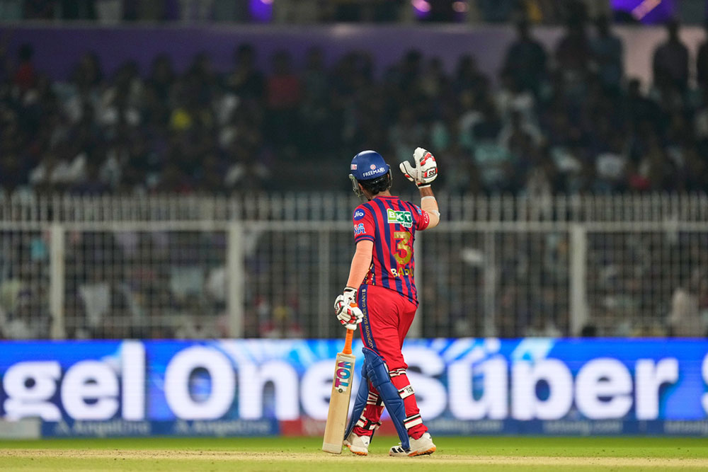 Lucknow Super Giants' Ayush Badoni celebrates his fifty runs during the Indian Premier League cricket match between Kolkata Knight Riders and Lucknow Super Giants in Kolkata, India.