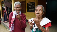 Assembly Elections 2026 : Steady Voter Turnout Marks Opening Hours Of Polls In Three Regions PTI : Guwahati: Elderly people show their ink-marked fingers after casting votes during the Assam Assembly elections, at a polling station, in Guwahati, Thursday, April 9, 2026.
