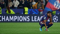 | Photo: AP/Joan Monfort : Barcelona's Lamine Yamal reacts disappointed after the Champions League quarterfinal first leg soccer match between Barcelona and Atletico Madrid in Barcelona, Spain, Wednesday, April 8, 2026.