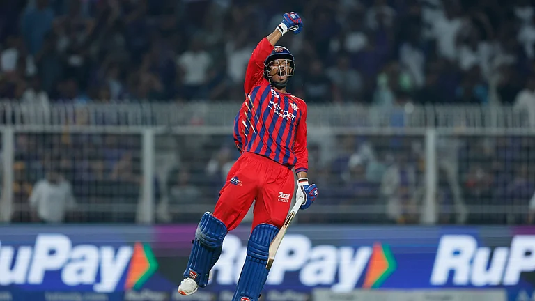 Mukul Choudhary celebrating his knock against Kolkata Knight Riders at the Eden Gardens in Kolkata in IPL 2026. - IPL/X