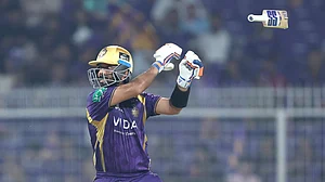 IPL/X : Ajinkya Rahane's bat slips while hitting a shot during KKR vs LSG IPL 2026 match at Eden Gardens.