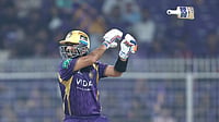IPL/X : Ajinkya Rahane's bat slips while hitting a shot during KKR vs LSG IPL 2026 match at Eden Gardens. 