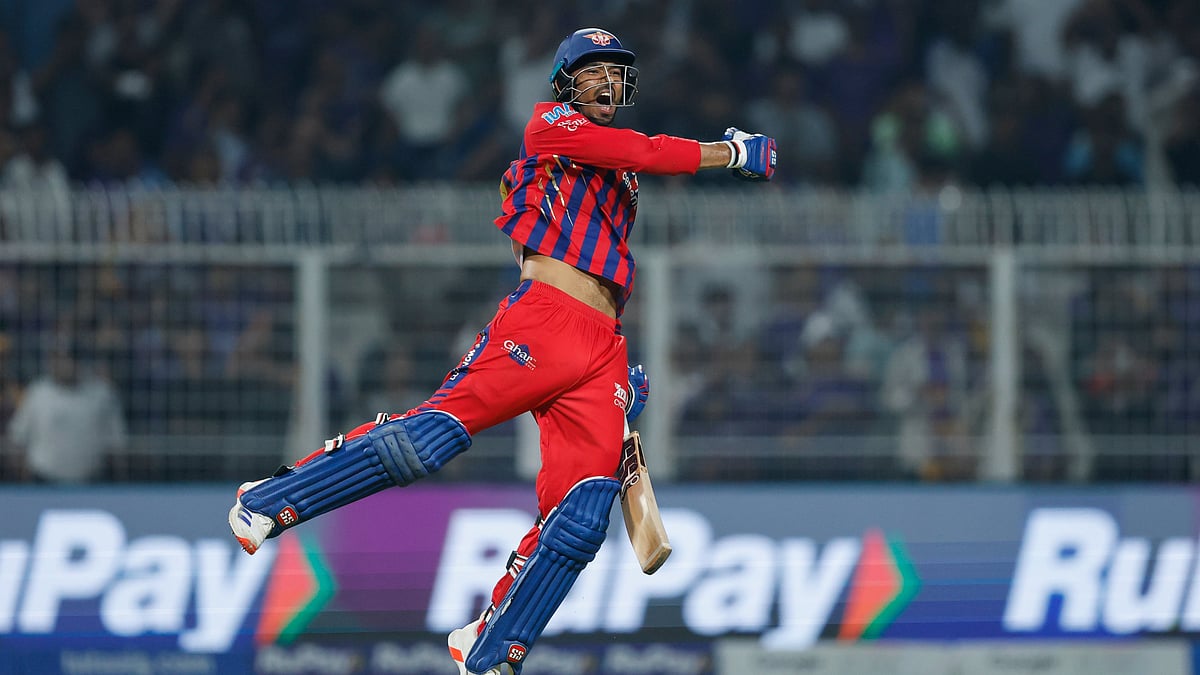 IPL/X : Mukul Choudhary celebrating LSG's win against KKR in IPL 2026 clash at Eden Gardens in Kolkata. 